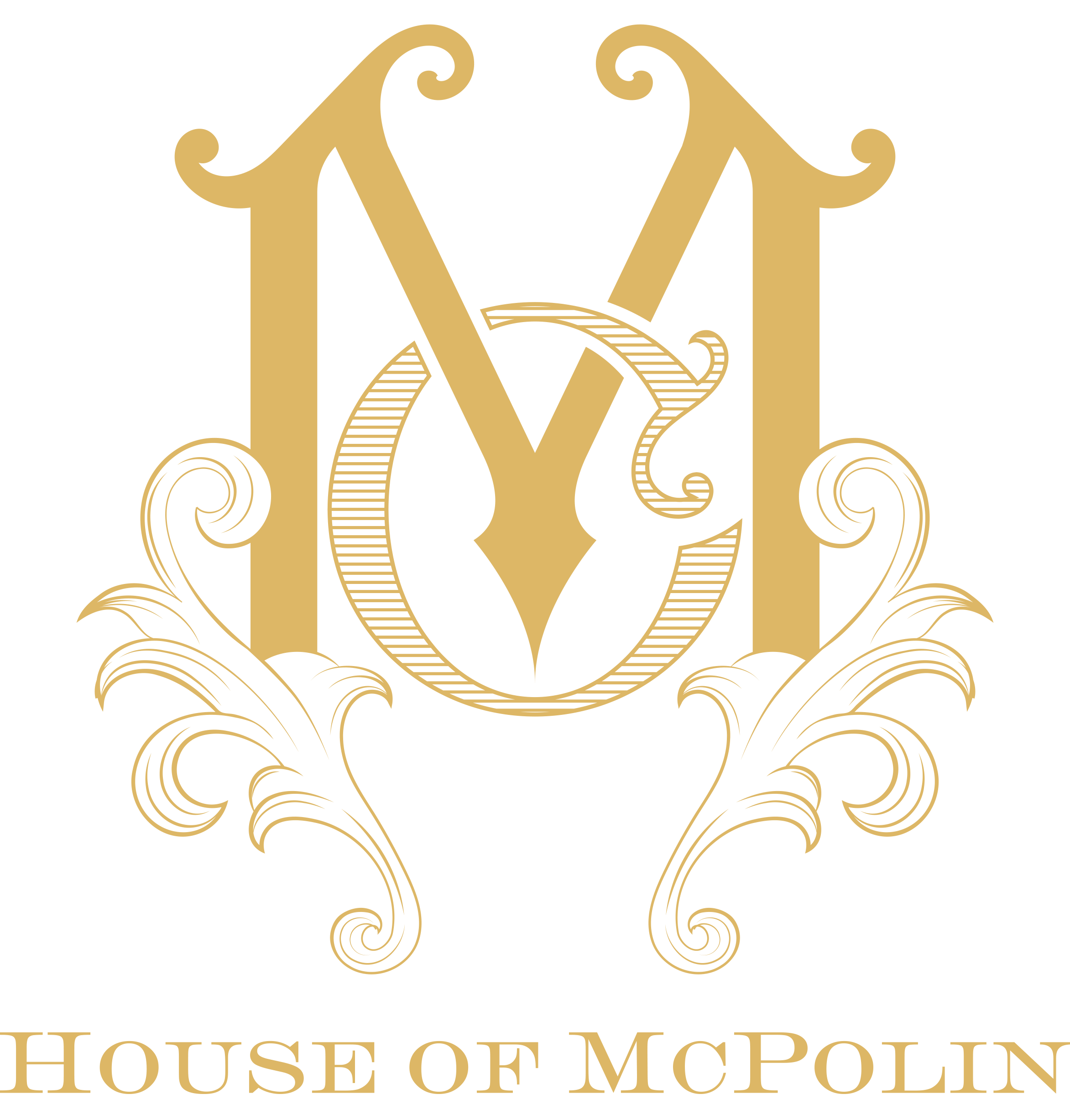 Gold ornate monogram of initials 'N V' with decorative flourishes, above the text 'House of McPolin' on a black background.